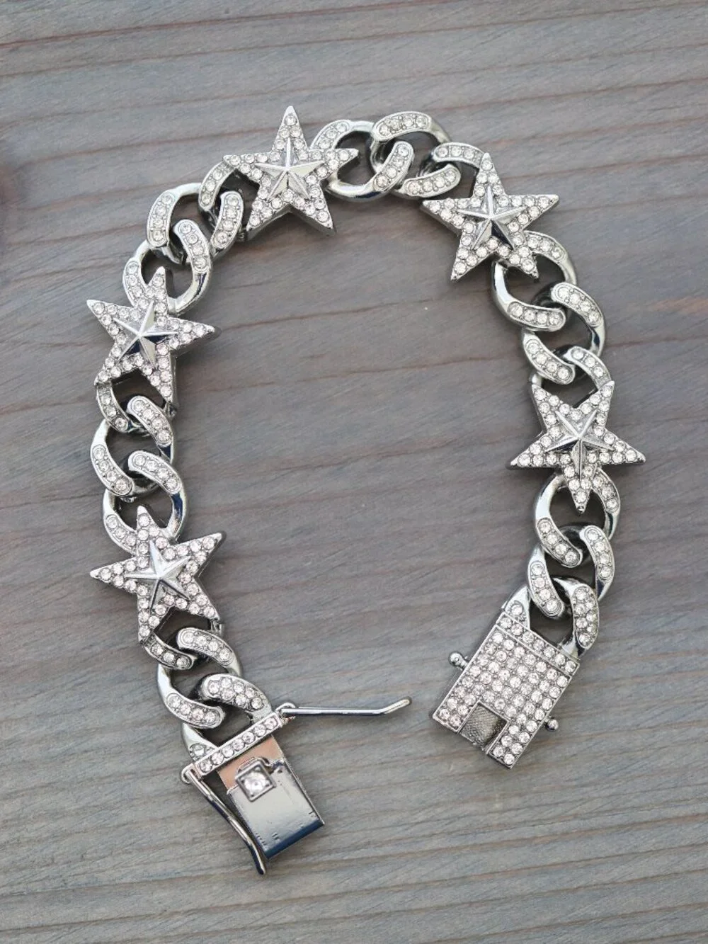 Stars & Cuban Ice Round Curb Diamond Chain Bracelet with Rhinestones Silver Plat